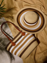 WOMEN'S STRAW SUN HAT WITH MATCHING WOVEN COLORBLOCK TOTE BAG