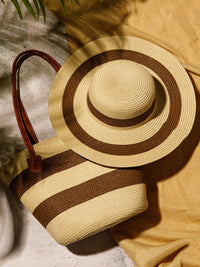 WOMEN'S STRAW SUN HAT WITH MATCHING WOVEN COLORBLOCK TOTE BAG