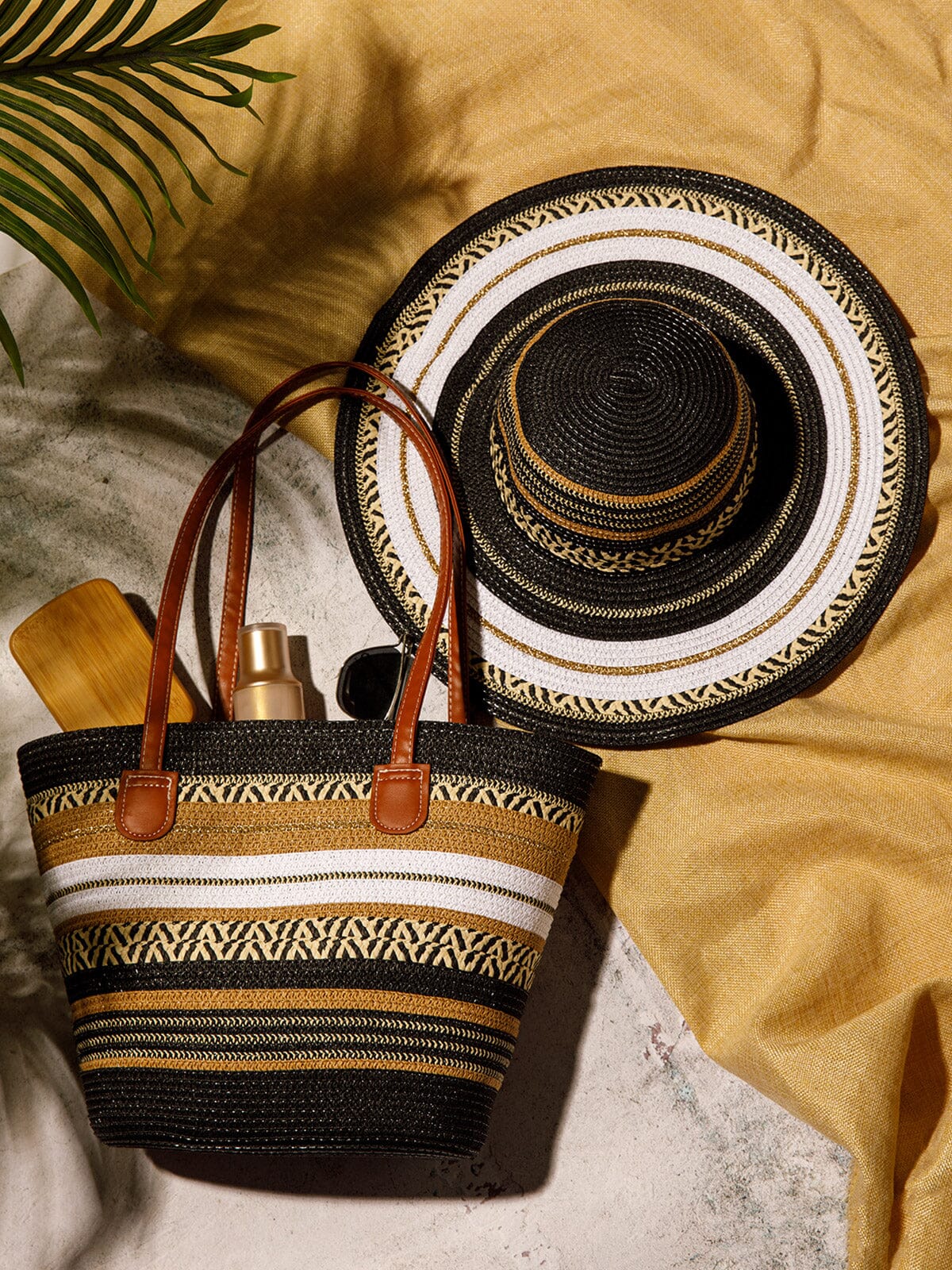 WOMEN'S STRAW SUN HAT WITH MATCHING WOVEN COLORBLOCK TOTE BAG