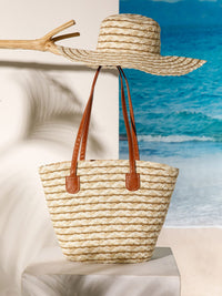 WOMEN'S STRAW SUN HAT WITH MATCHING WOVEN COLORBLOCK TOTE BAG
