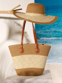 WOMEN'S STRAW SUN HAT WITH MATCHING WOVEN COLORBLOCK TOTE BAG