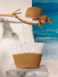 WOMEN'S STRAW SUN HAT WITH MATCHING WOVEN COLORBLOCK TOTE BAG