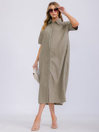 WOMEN'S SHORT SLEEVE BUTTON UP FRONT POCKETS MAXI DRESS