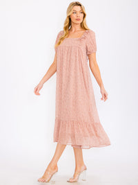 WOMEN'S SHORT PUFF SLEEVE SQUARE NECK FLORAL TIERED MAXI DRESS
