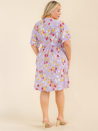 PLUS SIZE SHORT SLEEVE SURPLICE SELF TIE FLORAL MIDI DRESS