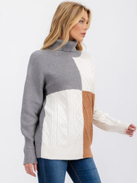 WOMEN'S LONG SLEEVE TURTLE NECK DETAILED COLORBLOCK PULLOVER SWEATER