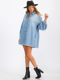 WOMEN'S LONG SLEEVE BUTTON UP POCKETS DENIM WASHED MINI DRESS