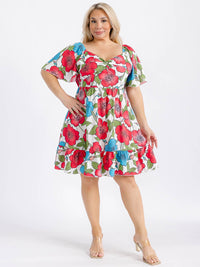 PLUS SIZE SHORT PUFF SLEEVE ELASTIC WAIST FIT & FLARE FLORAL MIDI DRESS