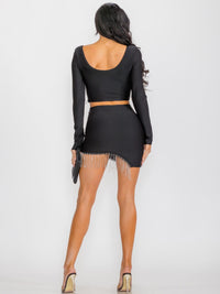 WOMEN'S LONG SLEEVE CROP TOP & ZIP UP MINI FRINGE SKIRT BANDAGE 2PC.SET
