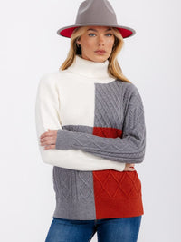 WOMEN'S LONG SLEEVE TURTLE NECK DETAILED COLORBLOCK PULLOVER SWEATER