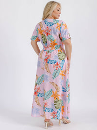 PLUS SIZE SHORT SLEEVE SURPLICE SMOCK WAIST FLORAL MAXI DRESS