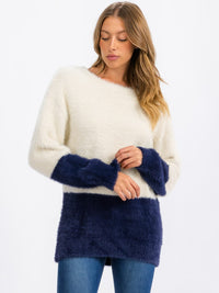 WOMEN'S LONG SLEEVE FUZZY COLORBLOCK PULLOVER SWEATER