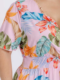 PLUS SIZE SHORT SLEEVE SURPLICE SMOCK WAIST FLORAL MAXI DRESS
