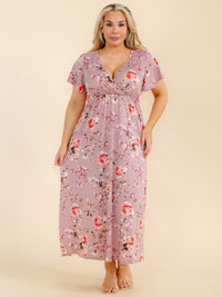 PLUS SIZE SHORT SLEEVE SURPLICE FLORAL MAXI DRESS