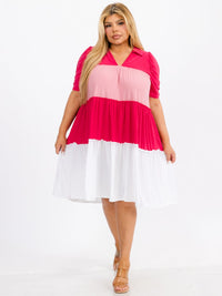 WOMEN'S SHORT SLEEVE V-NECK TIERED COLORBLOCK MIDI DRESS