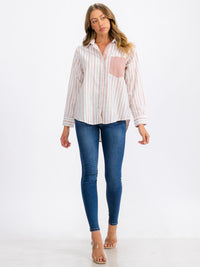 WOMEN'S LONG SLEEVE FRONT POCKET BUTTON UP STRIPES TOP