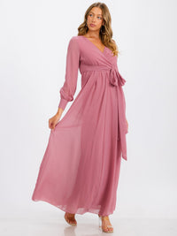 WOMEN'S LONG SLEEVE SURPLICE SELF TIE MAXI DRESS