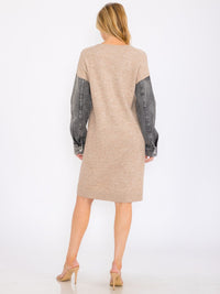 WOMEN'S LONG DENIM SLEEVES V-NECK MIDI SWEATER DRESS