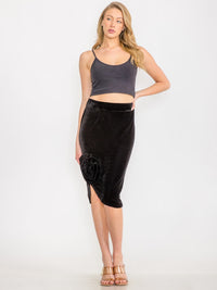 WOMEN'S ELASTIC WAIST FLOWER DETAILED VELVET MIDI SKIRT