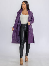WOMEN'S LONG SLEEVE BUTTON CLOSURE PU PLEATHER SELF TIE COAT