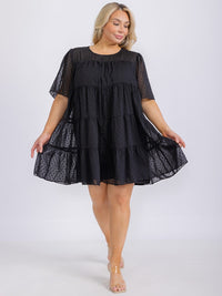 PLUS SIZE SHORT SLEEVE TIERED SWISS DOTS TUNIC MINI DRESS