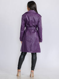 WOMEN'S LONG SLEEVE BUTTON CLOSURE PU PLEATHER SELF TIE COAT