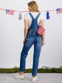 WOMEN'S BUTTON CLOSURE POCKETS DISTRESS DENIM OVERALL