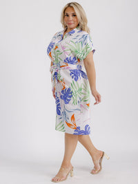 PLUS SIZE SHORT SLEEVE BUTTON UP SELF TIE FLORAL MIDI DRESS