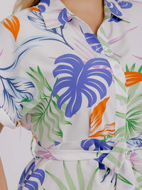 PLUS SIZE SHORT SLEEVE BUTTON UP SELF TIE FLORAL MIDI DRESS