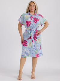 PLUS SIZE SHORT SLEEVE BUTTON UP SELF TIE FLORAL MIDI DRESS