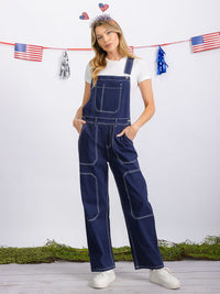 WOMEN'S BUTTON CLOSURE POCKETS WIDE LEG DENIM OVERALL