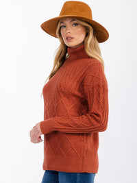 WOMEN'S LONG SLEEVE TURTLE NECK CABLE KNIT PULLOVER SWEATER