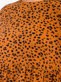 WOMEN'S 3/4 SLEEVES TIERED FRONT POCKETS ANIMAL PRINT TUNIC MINI DRESS
