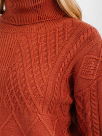 WOMEN'S LONG SLEEVE TURTLE NECK CABLE KNIT PULLOVER SWEATER