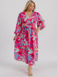 PLUS SIZE LONG SLEEVE V-NECK FLORAL MAXI DRESS