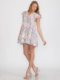 WOMEN'S RUFFLE SLEEVES BUTTON UP FRONT POCKETS TIERED FLORAL TUNIC MINI DRESS