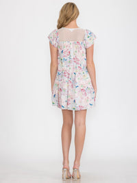 WOMEN'S RUFFLE SLEEVES BUTTON UP FRONT POCKETS TIERED FLORAL TUNIC MINI DRESS