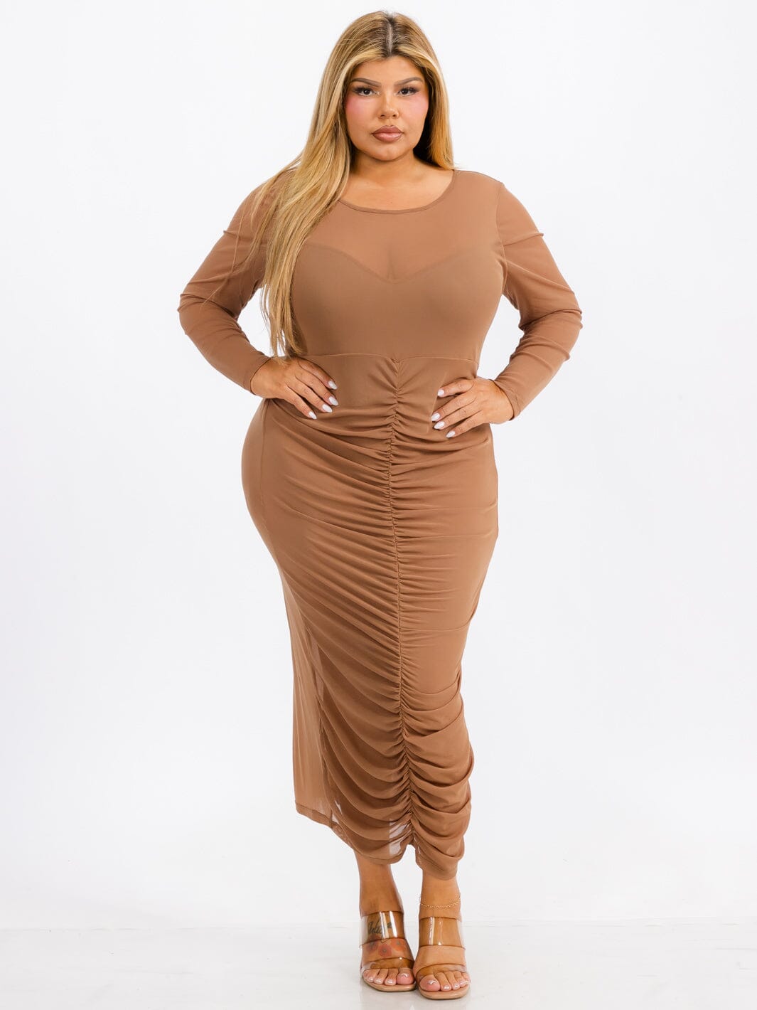 PLUS SIZE LONG SLEEVES RUCHED FRONT BODYCON MESH MAXI DRESS 2-2-2 (1X-2X-3X) PLUS SIZE LONG SLEEVES RUCHED FRONT BODYCON MESH MAXI DRESS 2-2-2 (1X-2X-3X)