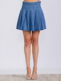 WOMEN'S BUTTON CLOSURE PLEATED DENIM MINI SKIRT