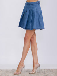 WOMEN'S BUTTON CLOSURE PLEATED DENIM MINI SKIRT