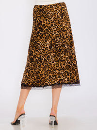 WOMEN'S ELASTIC WAIST FRONT SLIT LACE ANIMAL PRINT MIDI SKIRT