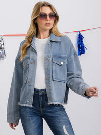 WOMEN'S LONG SLEEVE BUTTON CLOSURE FRONT POCKETS DENIM JACKET