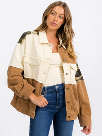 WOMEN'S LONG SLEEVE BUTTON CLOSURE CORDUROY COLORBLOCK DENIMI JACKET