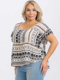 PLUS SIZE SHORT SLEEVE SQUARE NECK MULTI PRINT BLOUSE