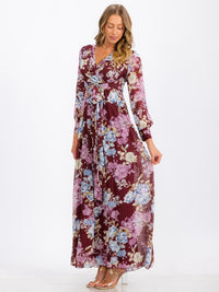 WOMEN'S LONG SLEEVE SURPLICE SELF TIE FLORAL MAXI DRESS