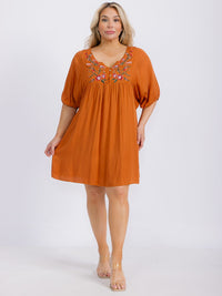PLUS SIZE SHORT SLEEVES EMBROIDERED TRIM MINI DRESS