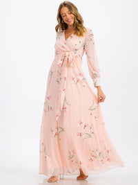 WOMEN'S LONG SLEEVE SURPLICE SELF TIE FLORAL MAXI DRESS