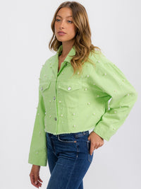WOMEN'S LONG SLEEVE BUTTON CLOSURE PEARL DETAILED DENIM JACKET