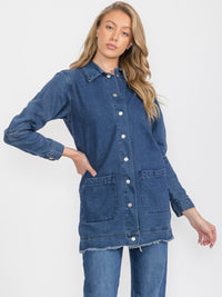 WOMEN'S LONG CUT OUT SLEEVE BUTTON UP FRONT POCKETS DENIM JACKET