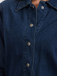 WOMEN'S LONG CUT OUT SLEEVE BUTTON UP FRONT POCKETS DENIM JACKET